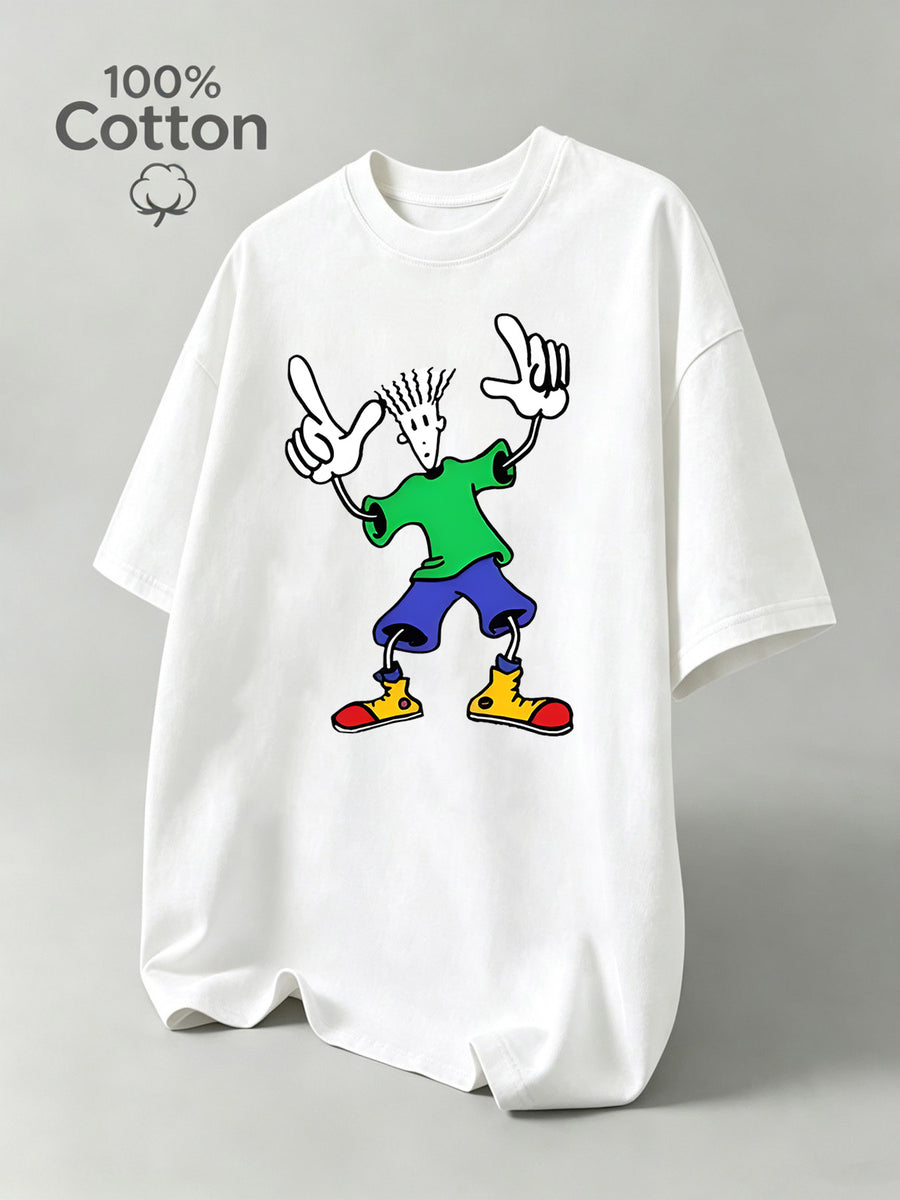 New Summer Cartoon Men's Casual Sport Fitness Pure Cotton Short-Sleeve Shirt, Moisture-Wicking and Sweat-Absorbing, Comfortable for Casual Streetwear and Outdoor Sports Fitness - White
