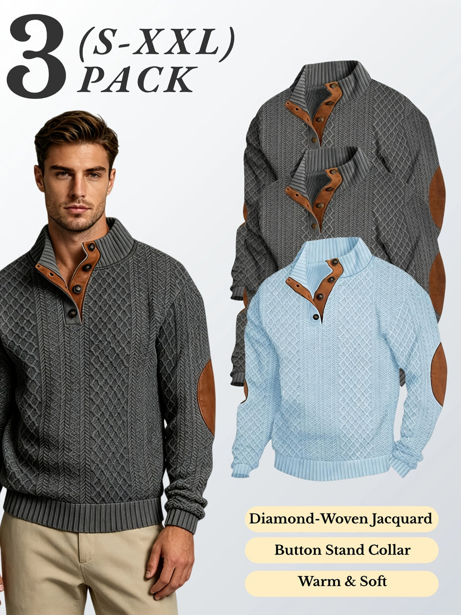 3pcs Men'S Textured Jacquard Knit Sweater Retro Casual Button-Up Stand Collar Long Sleeve Top for Autumn Winter Outing Home Versatile Basic Solid Color - Dark Gray 2+ Sky Blue