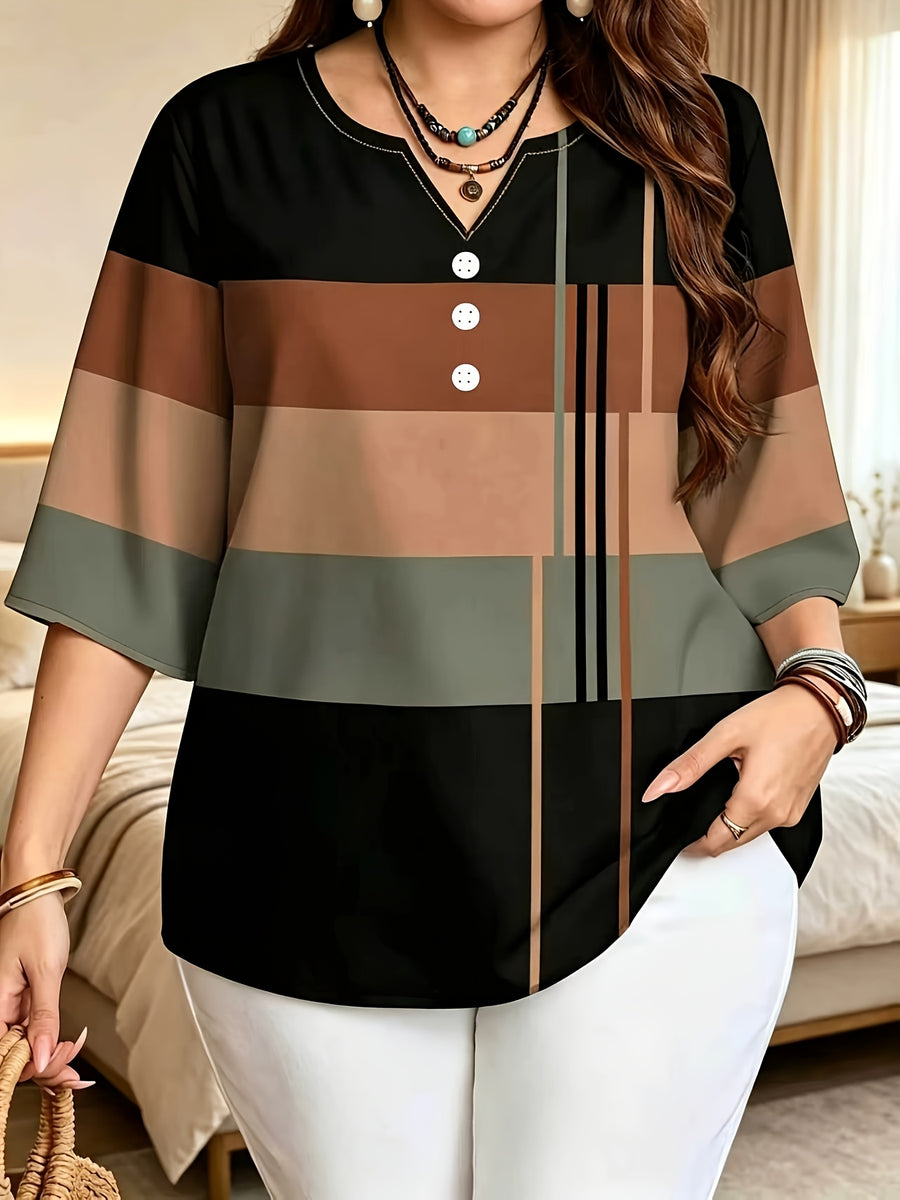 Printed Design – Not Textured. Women's Casual Button-Patch Colorblock V-Neck Three-Quarter Sleeve T-Shirt, a Perfect Gift for. - Mixed colors