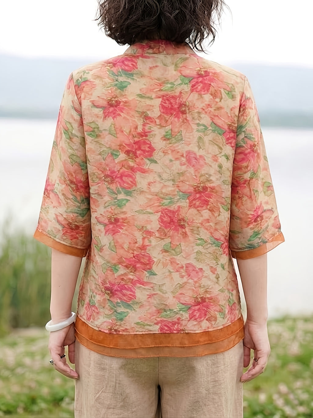 Women'S Printed Stand-Up Collar Mid-Sleeve Shirt, Spring And Summer Casual Versatile Cardigan Top - Red