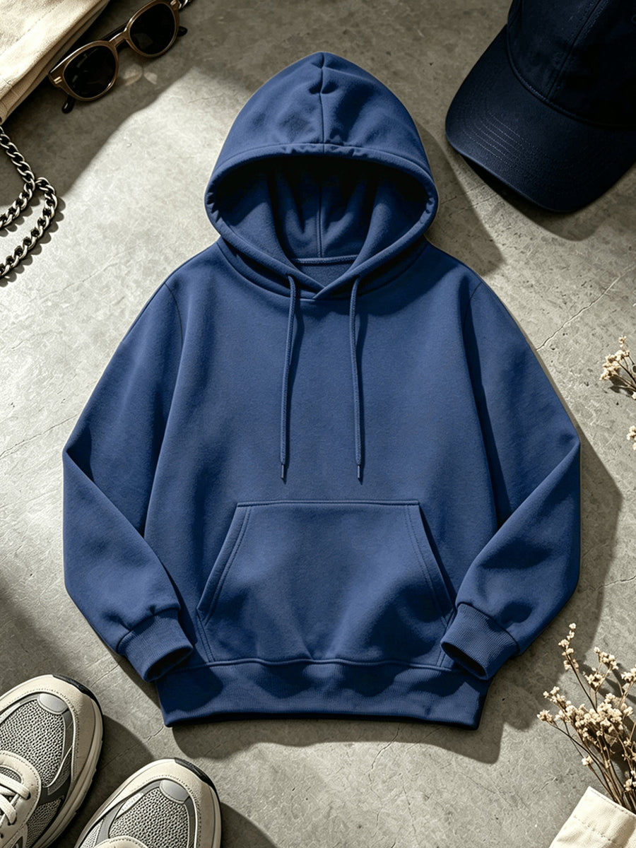 Men's Casual Solid Color Hooded Sweatshirt - Adjustable Drawstring Hood + Front Kangaroo Pocket, Machine Washable Wrinkle-Resistant Fabric, Suitable for Casual Wear and Light Sports, Comfortable Long-Sleeve Hooded Top for Daily Commutes and Outings - Navy Color