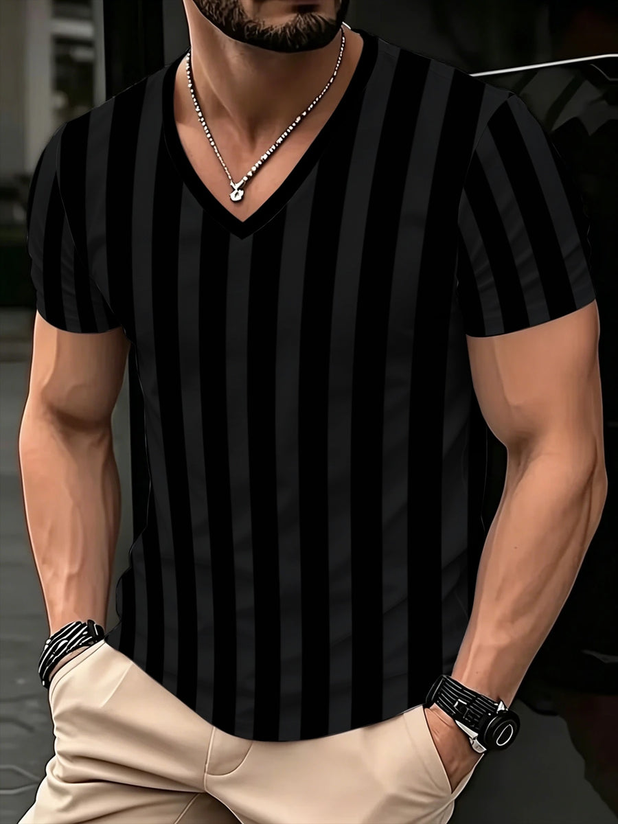 [Print Design-Not Textured] Men'S V-Neck Short Sleeve T-Shirt, Fashion Black Vertical Stripe Slim Fit Casual Commuter Top - Print V-Neck T-Shirt - Mixed colors