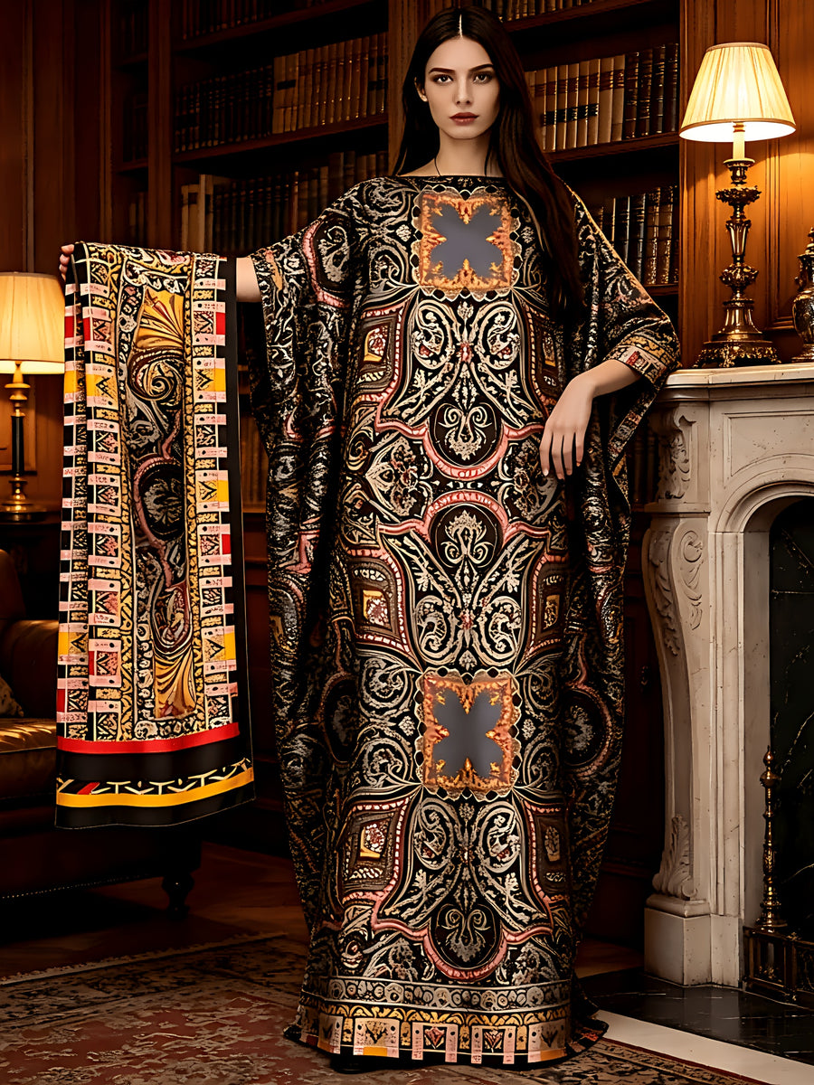 Plus Size, Black Background Baroque Palace Retro Scroll Grass Print Plus Size Women's Robe Long Skirt Boat Collar Loose Batwing Sleeves - Black