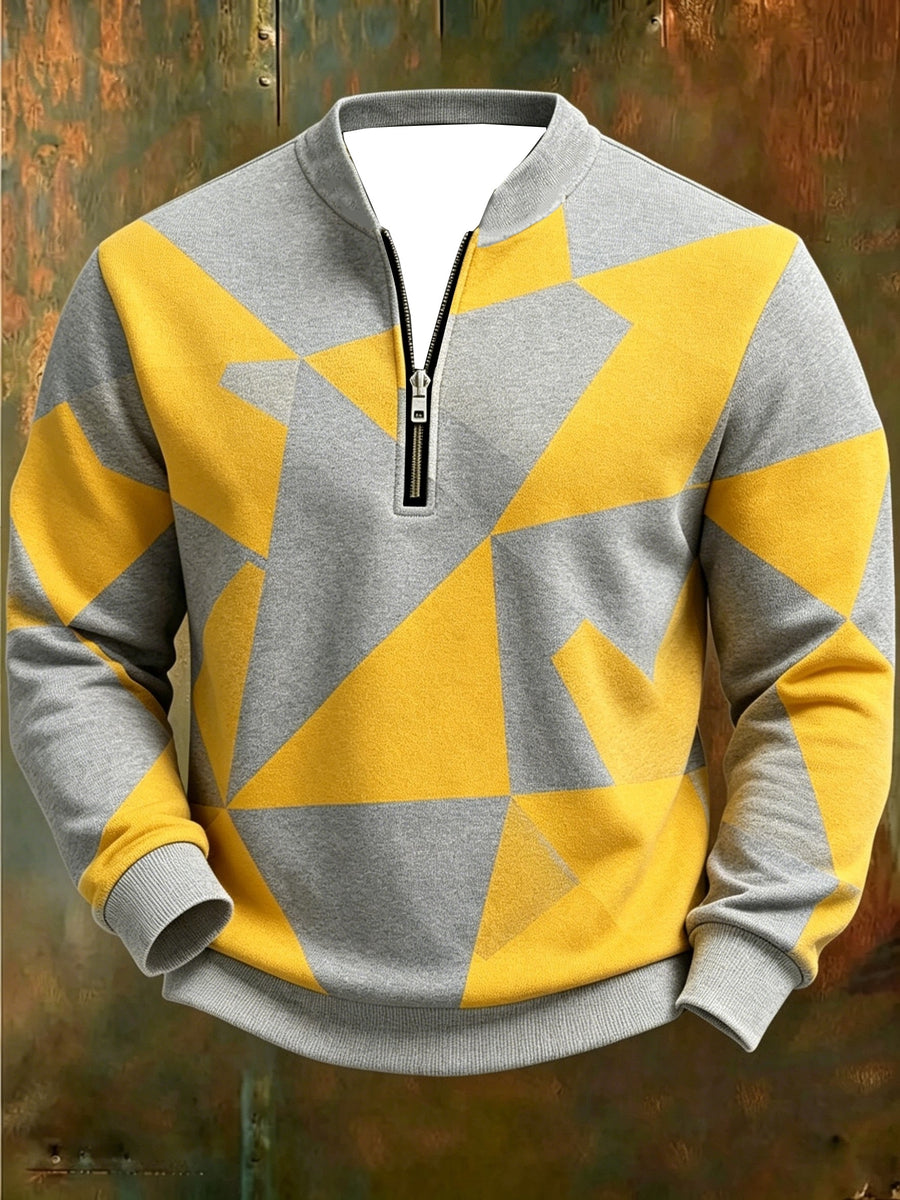 [Print Design - Not Textured] Plus Size Men'S Blue White Gray Geometric Color-Block Sweatshirt, Geometric Print Half-Zip POLO Shirt, Casual Long Sleeve Pullover - Mixed Color 3