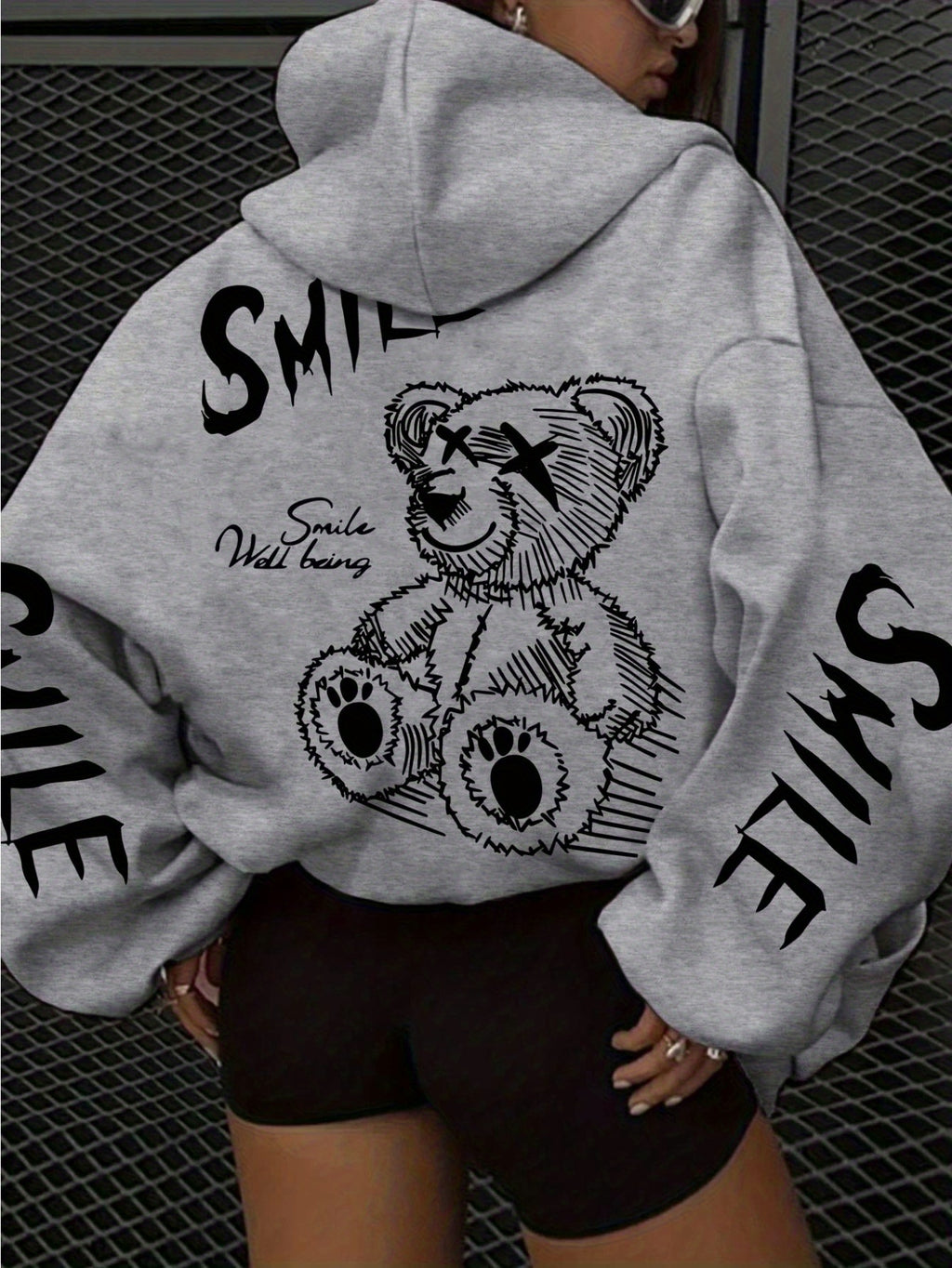 Joyful Face Teddy Bear Special Design Print Commuter Style Women's Hoodie, Drawstring Casual Hooded Pocket Sweatshirt, Autumn Winter, -Lined Thickened Sweatshirt, for Winter and Autumn, Daily Wear, Women's Clothing, Circle Targeting - Grey