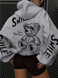 Joyful Face Teddy Bear Special Design Print Commuter Style Women's Hoodie, Drawstring Casual Hooded Pocket Sweatshirt, Autumn Winter, -Lined Thickened Sweatshirt, for Winter and Autumn, Daily Wear, Women's Clothing, Circle Targeting - Grey