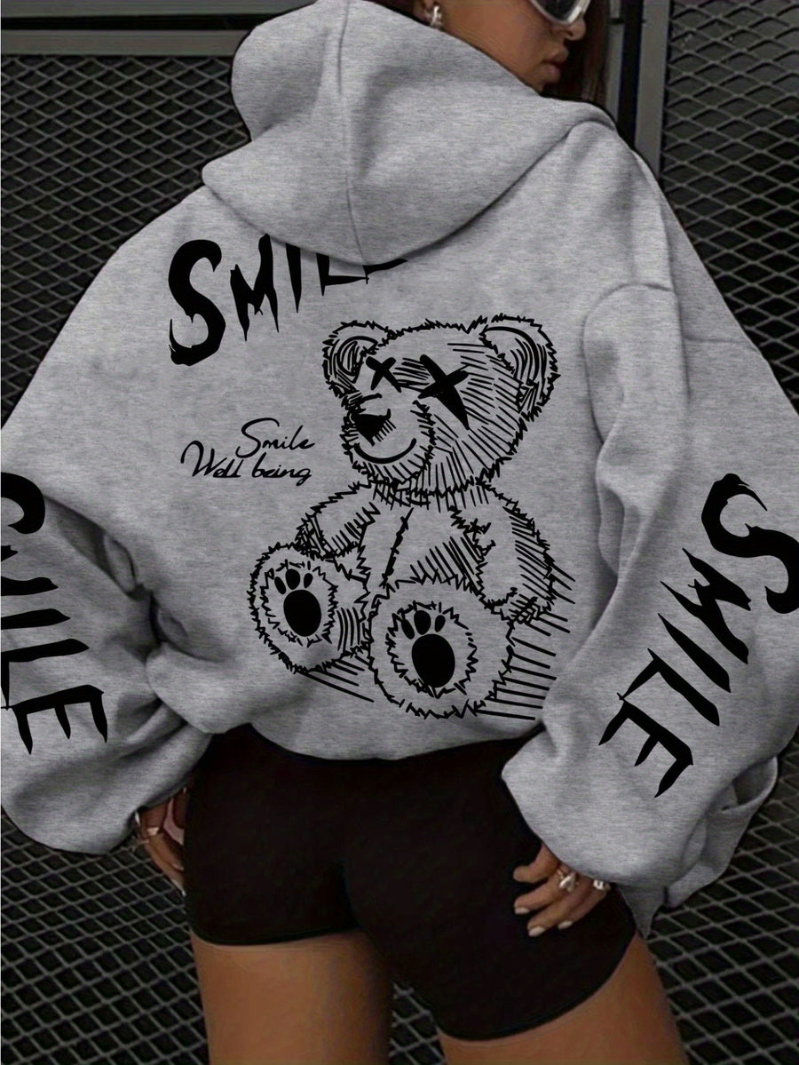 Joyful Face Teddy Bear Special Design Print Commuter Style Women's Hoodie, Drawstring Casual Hooded Pocket Sweatshirt, Autumn Winter, -Lined Thickened Sweatshirt, for Winter and Autumn, Daily Wear, Women's Clothing, Circle Targeting - Grey