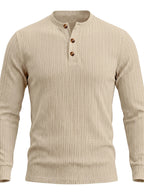 1pc Men'S Jacquard Long Sleeve Henley Shirt Solid Striped Textured Fabric with Stretch Street Style Casual Top for Autumn Winter Fashion White Matchable Pullover Base Layer - Apricot