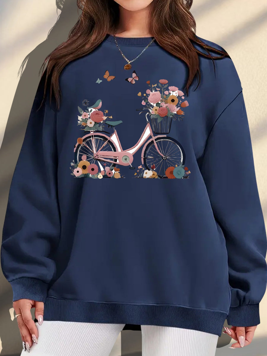 Plus Size, Extended Apparel: Women's Spring/Autumn/Winter Cross-Border European & American Plus-Size Simple Graphic Print Sweatshirt, Casual Crew Neck Sweatshirt, Women's Plus-Size Sweatshirt - Navy Color