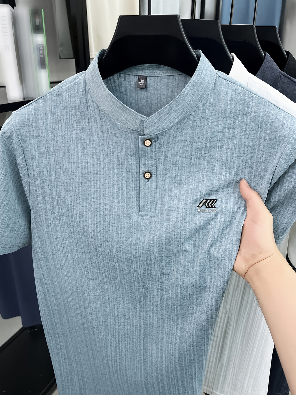 [Slight Stretch | Size up for Loose Fit] New Spring/Summer Men's Henry Shirt, Solid Color Half-Open Placket Single-Breasted Stand Collar Short Sleeve T-Shirt, Men's Business Casual Fashionable Breathable Versatile Polo Shirt, Chest Print Basic Tee - Light Blue