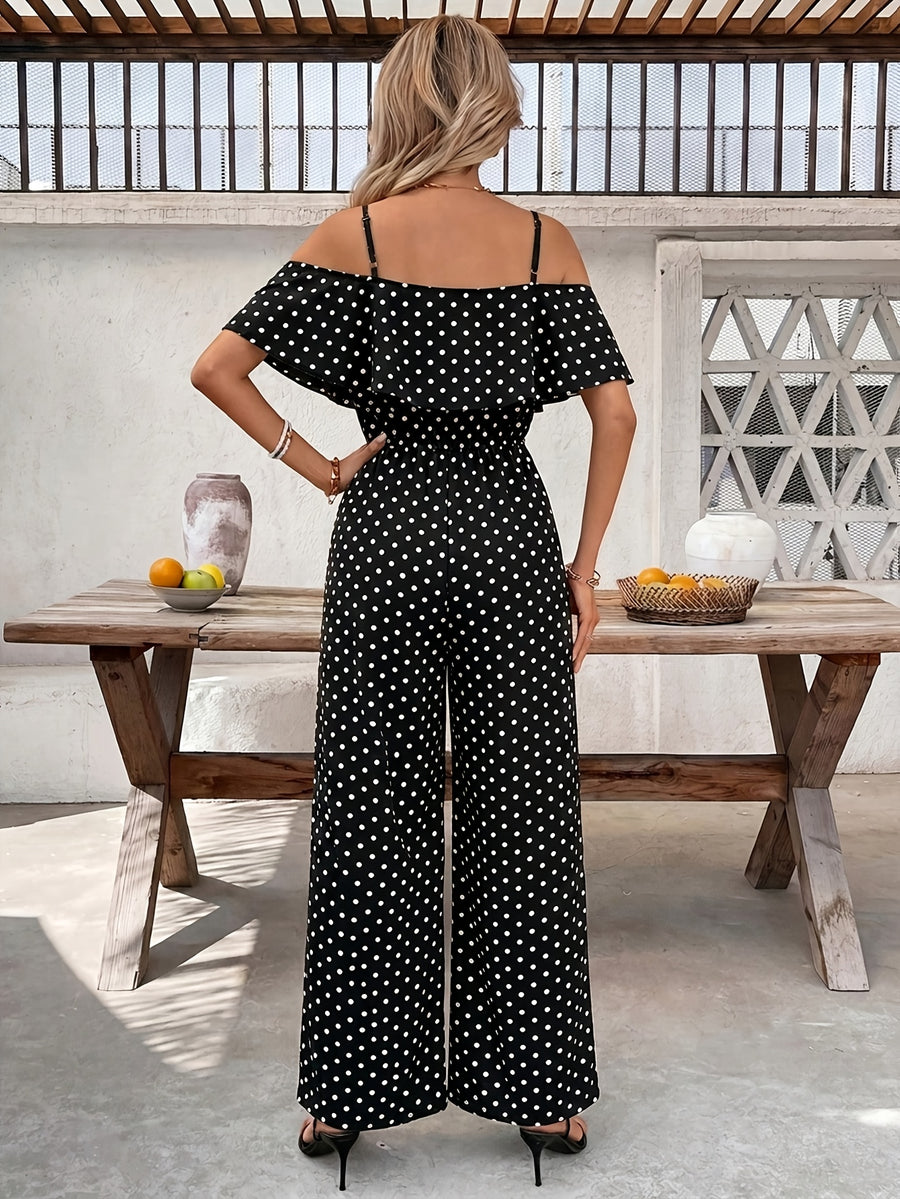 Women'S Polka Dot Ruffled Hem Waist-Cinching Loose Jumpsuit - Black