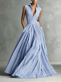 French Blue And White Vertical Striped Collar Sleeveless Dress with Waist Cincher, A-Line Flared Long Dress - Blue And White Stripes