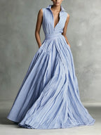 French Blue And White Vertical Striped Collar Sleeveless Dress with Waist Cincher, A-Line Flared Long Dress - Blue And White Stripes