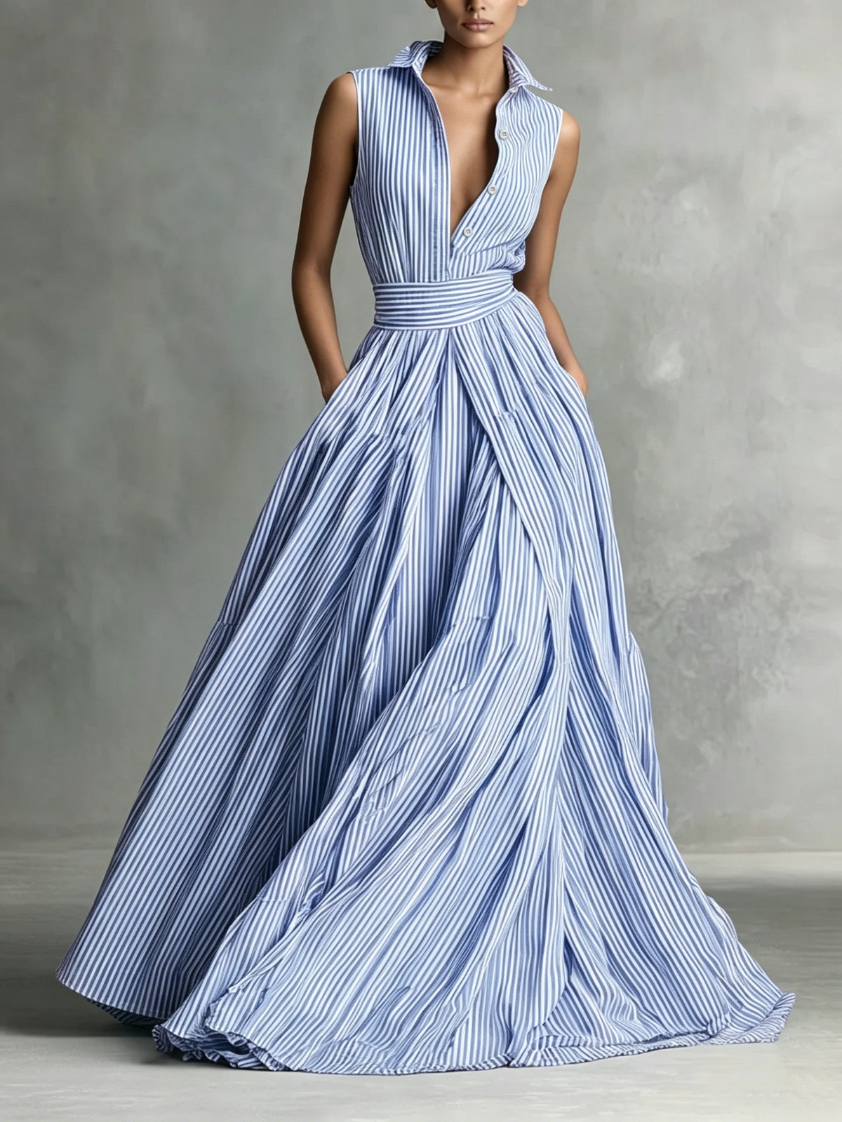 French Blue And White Vertical Striped Collar Sleeveless Dress with Waist Cincher, A-Line Flared Long Dress - Blue And White Stripes