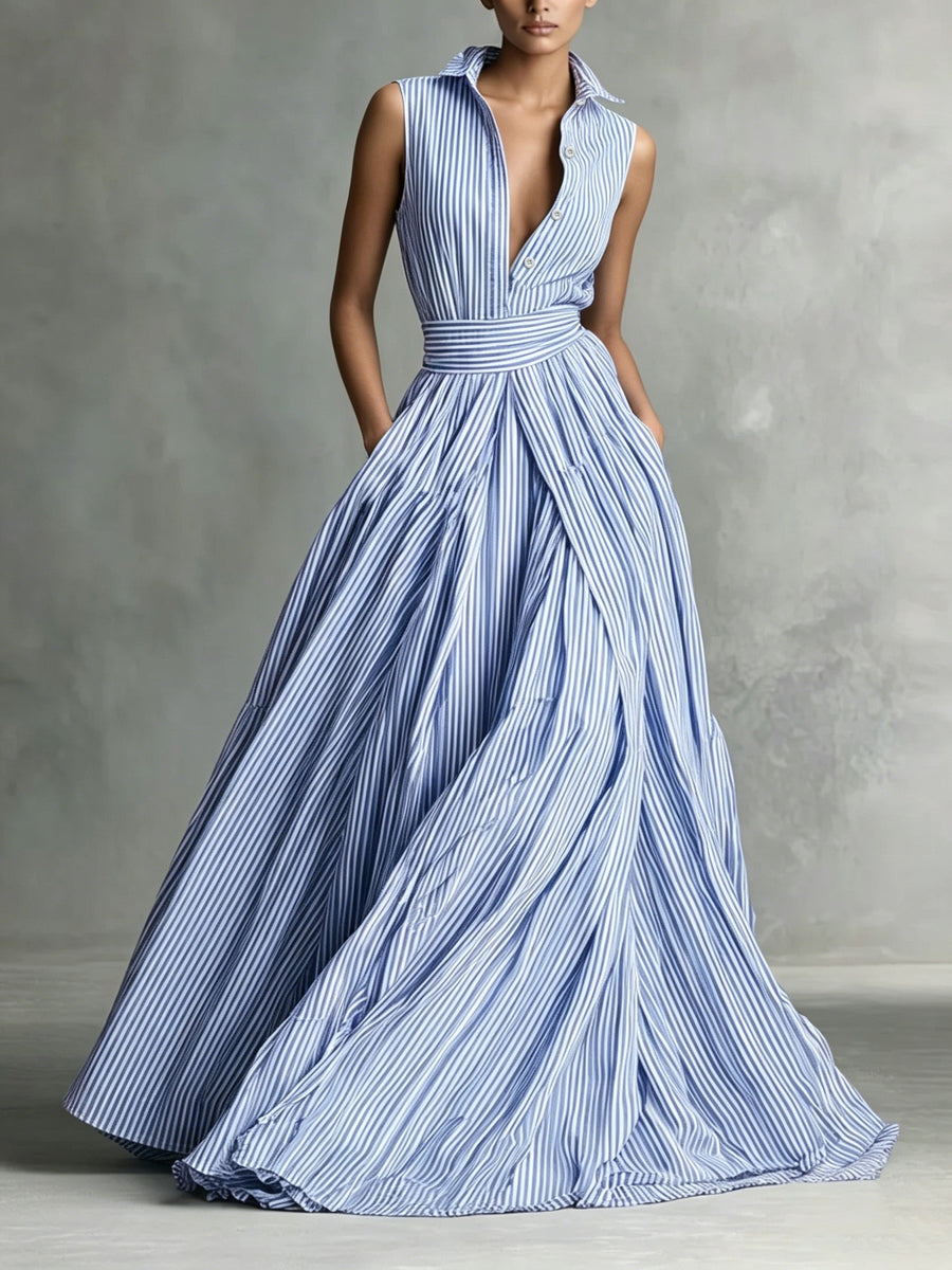 French Blue And White Vertical Striped Collar Sleeveless Dress with Waist Cincher, A-Line Flared Long Dress - Blue And White Stripes