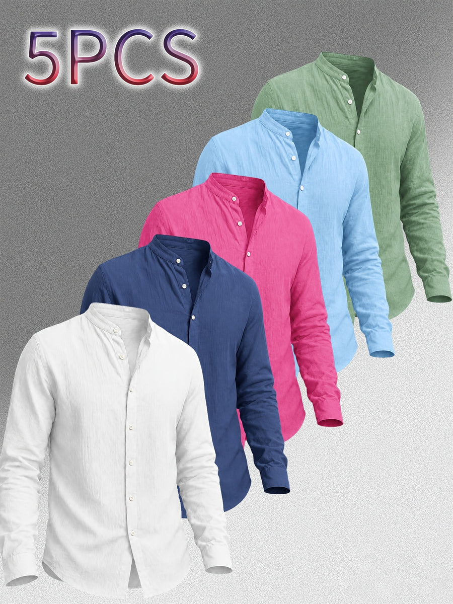 Zhiyu OBM Men's New Stand Collar Solid Color -Look Long Sleeve Shirt 5pcs Set, Simple Stand Collar Design, High-Quality Men's Long Sleeve Button- Shirt for Spring, Autumn, and Winter - Suitable for Outdoor Leisure, Vacation, Travel, and Formal Wear - White + Navy Blue + Rose Red + Sky Blue + Green