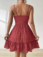 Women'S Vibrant Green Ruched Mini Dress with Adjustable Spaghetti Straps, Backless Design & Tiered Ruffle Hem - Lightweight Summer Casual Dress for Beach or Vacation, Beach Dresses, Vacation Attire, Ruched Texture, Fabric - Withered rose red