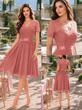 Women's Elegant Lace V-Neck Short Sleeve Chiffon A-Line Wedding Party Short Dress - Cinnamon