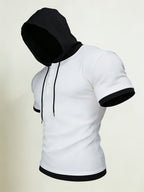 Josh Rose Summer Men's High-Quality Waffle Hooded Short-Sleeve T-Shirt - Unique Fashionable Patchwork Design with Special Textured Fabric, Adjustable Drawstring with Button, Suitable for Gym Workouts, Sports, Casual Wear, Outdoor Camping - White
