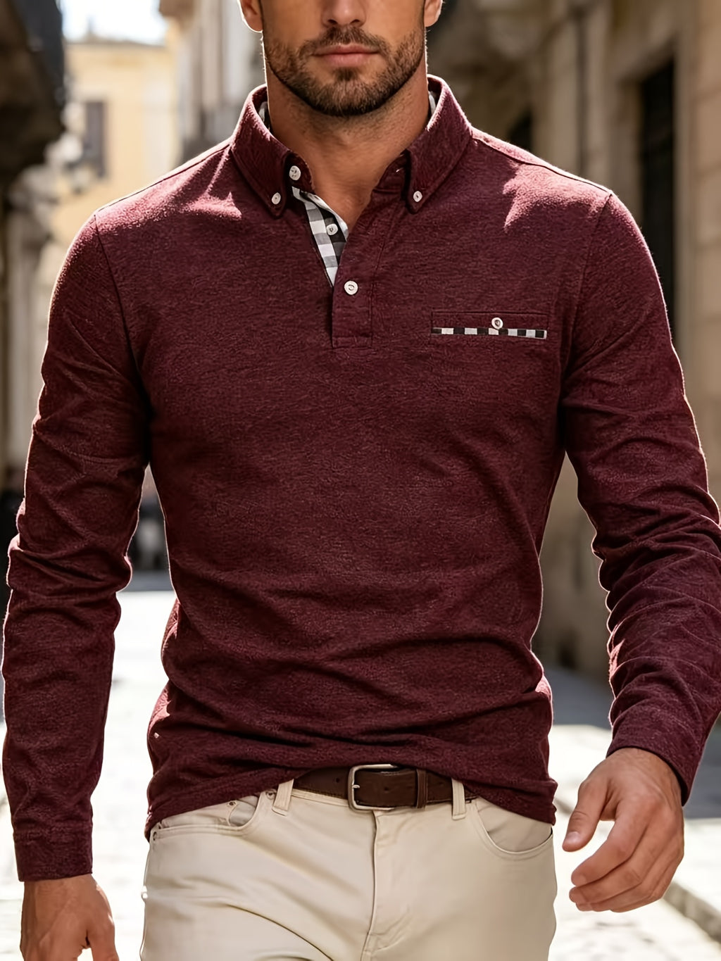 EnglishContrast Pocket Long Sleeve Collared Polo Stretch Slim Fit Business Casual Men T Shirt - Burgundy