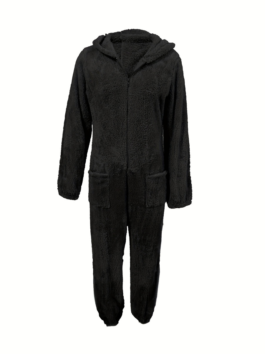 New Autumn/Winter Women's Solid Color Fashionable Warm Double-Sided Jumpsuit, Casual and Versatile Commuter Romper for Women - Black 2