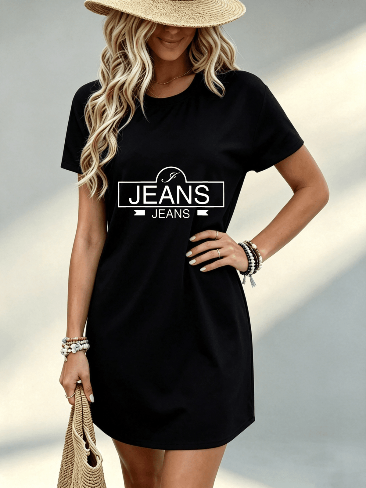 [Printed Design - Not Textured] Casual Women Dress Jeans Graphic Print Summer Beach Vacation Gift for Her 100% - Black