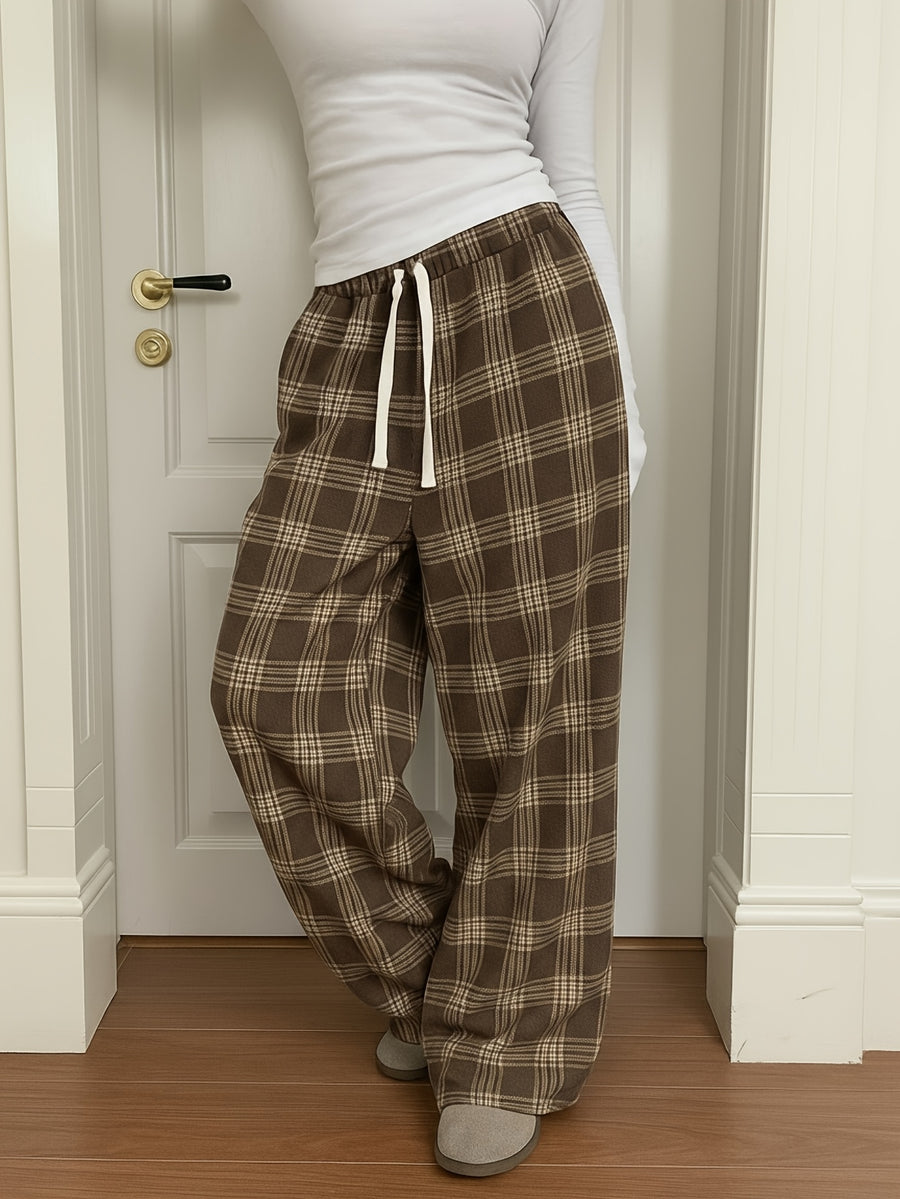 Women'S Plaid Print Loose Wide Leg Pants | Casual Drawstring Elastic Waist, Suitable for Fall/Winter Weekend Outings - Brown