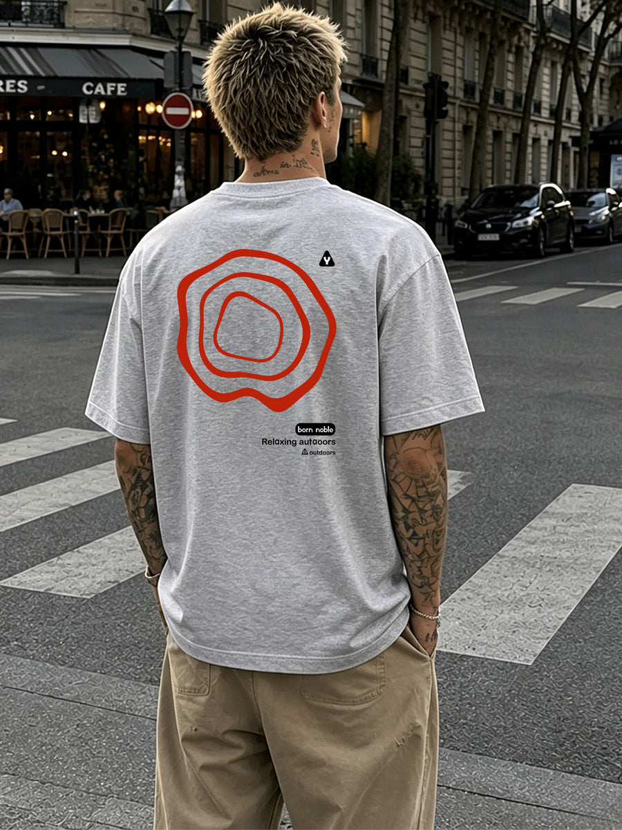 Men's Loose Fit T-Shirt with Minimalist Red Circular Back Print, Short Sleeve, 100% Pure Cotton, 240g Versatile Short Sleeve, Unique Pattern, Thick Fabric, Sweat-Absorbent and Breathable, Comfortable Inner Layer Casual Top, Daily Streetwear - Grey