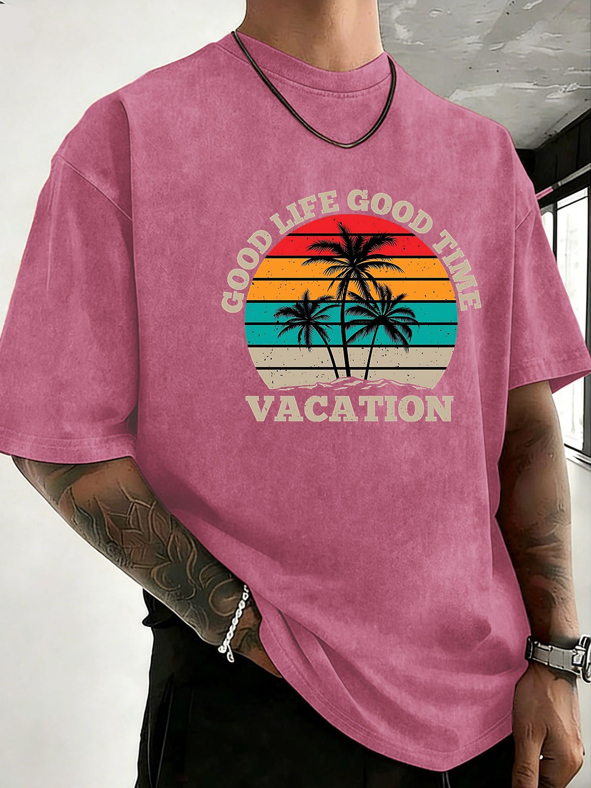 Loose Short Sleeve T-Shirt Men'S Heavyweight Pure Washed Distressed Top Trendy Double-Sided Print 12 Colors Free to Match Street Hip-Hop Style Casual Outing Sports Fitness Commuting Couple Style American Street Short Sleeve - Rose Red