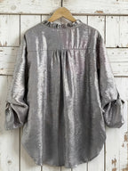 Adjustable Cuffs Women'S Blouse Top, Necklace Not Included, Elegant Shirt, Gold-Foiled Fabric, Women'S Shirt, Women'S Blouse, Long Sleeve Shirt - Grey