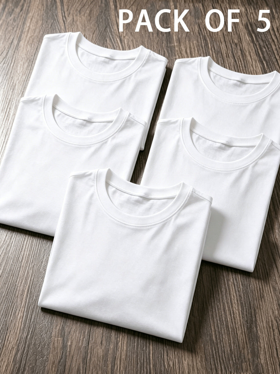 5pcs Set, 5pcs, Solid Color Round-Neck Fashionable Easy Slim-Fit Loose Short-Sleeve T-Shirt, Summer/Spring Women'S 5pcs Top Set, Available in Small Or - White