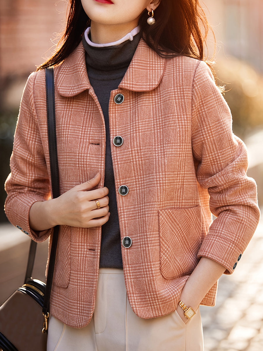 2026 Vintage Gray Houndstooth Short Blazer for Women, Lapel Collar, Single-Breasted, High-End Feel, Simple Commuter Jacket Top - Brick Red