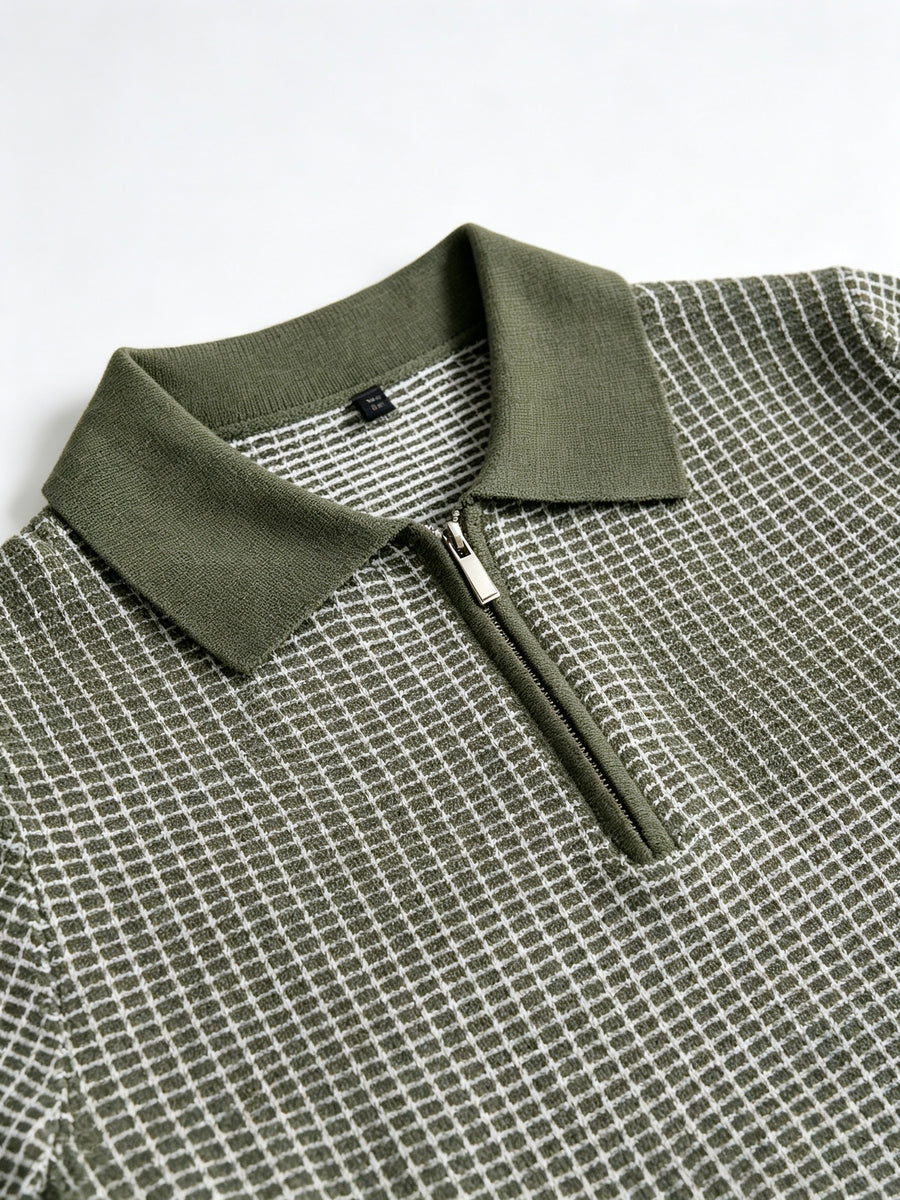 Men's Polo Collar Short Sleeve Waffle Knit Top, Solid Color Lightweight Breathable Casual Pullover - Olive Green