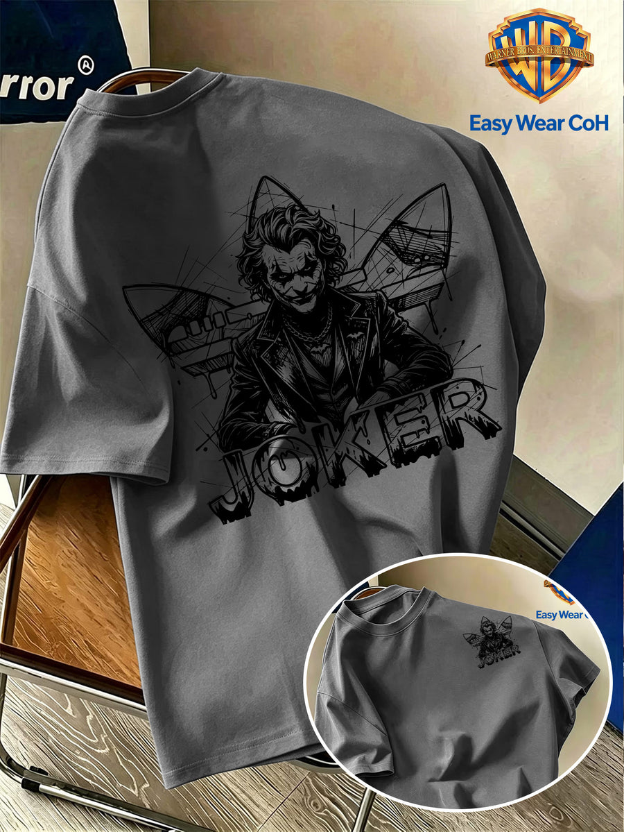 Warner Bros. Official New Academic Style Men's Short-Sleeve T-Shirt, Featuring a Unique Dark Graffiti Clown Design with "JOKER" Text, a Creative and Niche Print That's Hard to Replicate. Made from Comfortable, Breathable, and Skin-friendly Fabric - Dark Gray
