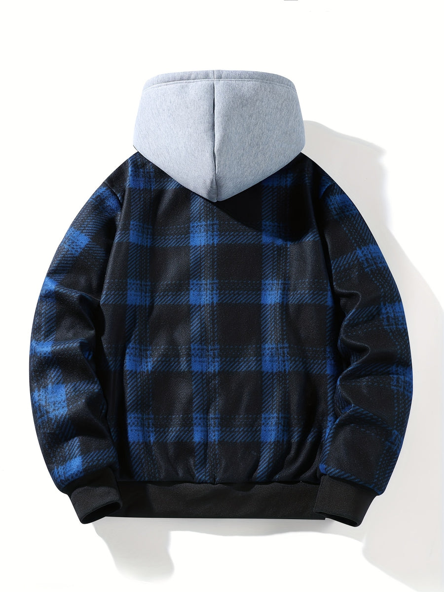 Autumn-Winter New Men's Plaid Fabric Hooded Thickened Warm Jacket with Snap Closure and Ribbed Cuffs, Suitable for Outdoor and Home Wear - Blue