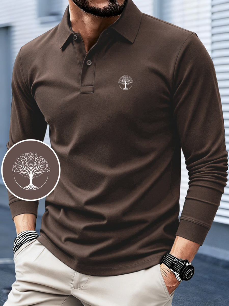 HC2-3493# Tree of Life Minimalist Fashion Pattern Print, 2025 Autumn And Winter New Long-Sleeved POLO Shirt, Color-Blocking Design, Fashionable And Advanced, Lapel Top, Comfortable And Breathable Fabric, Wrinkle-Resistant And Anti-Pilling - Coffee Color