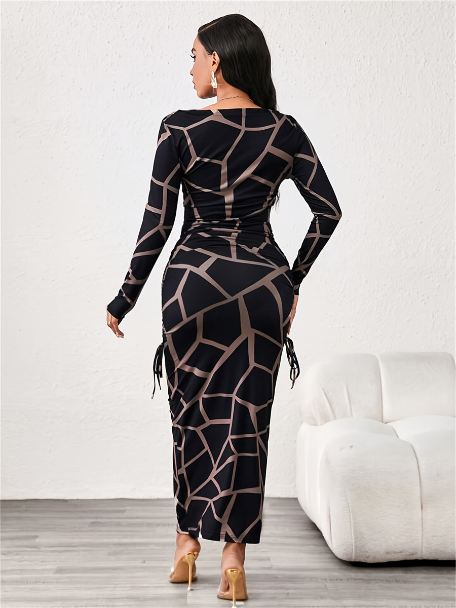 Women'S Elegant Formal Evening Gown - Long Sleeve Bodycon Dress with Geometric Print, Structured Fit & Tie-Front Closure, Floor-Length Party Wedding Guest Dress for, Prom, Gala - Spring/fall Formal Attire, Formal Dresses, Prom Dress, Prom Attendees - Black