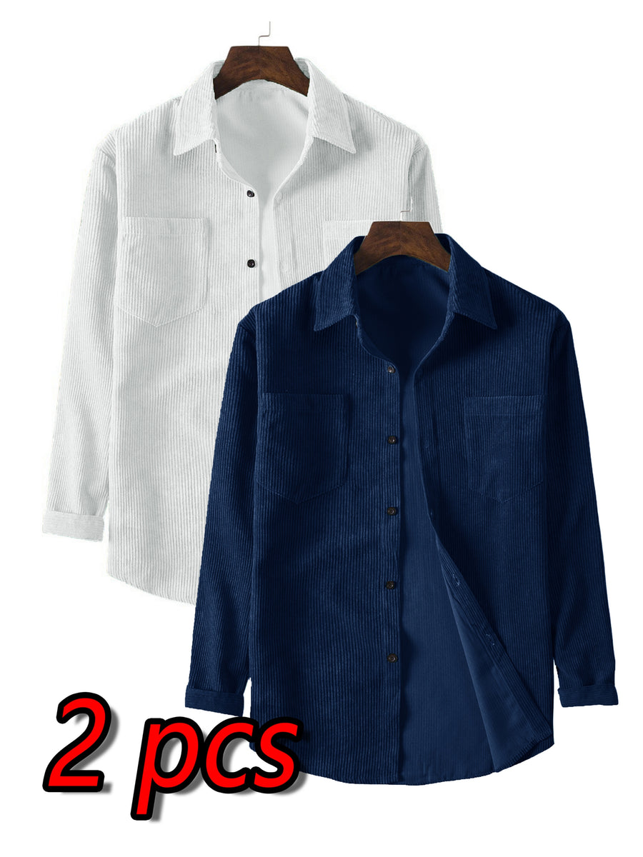 A Two-Piece Set for Men Featuring a Corduroy Button-Up Cardigan with Two Chest Pockets, a Stylish Solid Color Striped Shirt, And Men'S Apparel - White and Navy Blue Two-piece Set