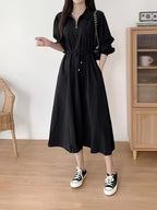 Lapel Tie Dress - Black