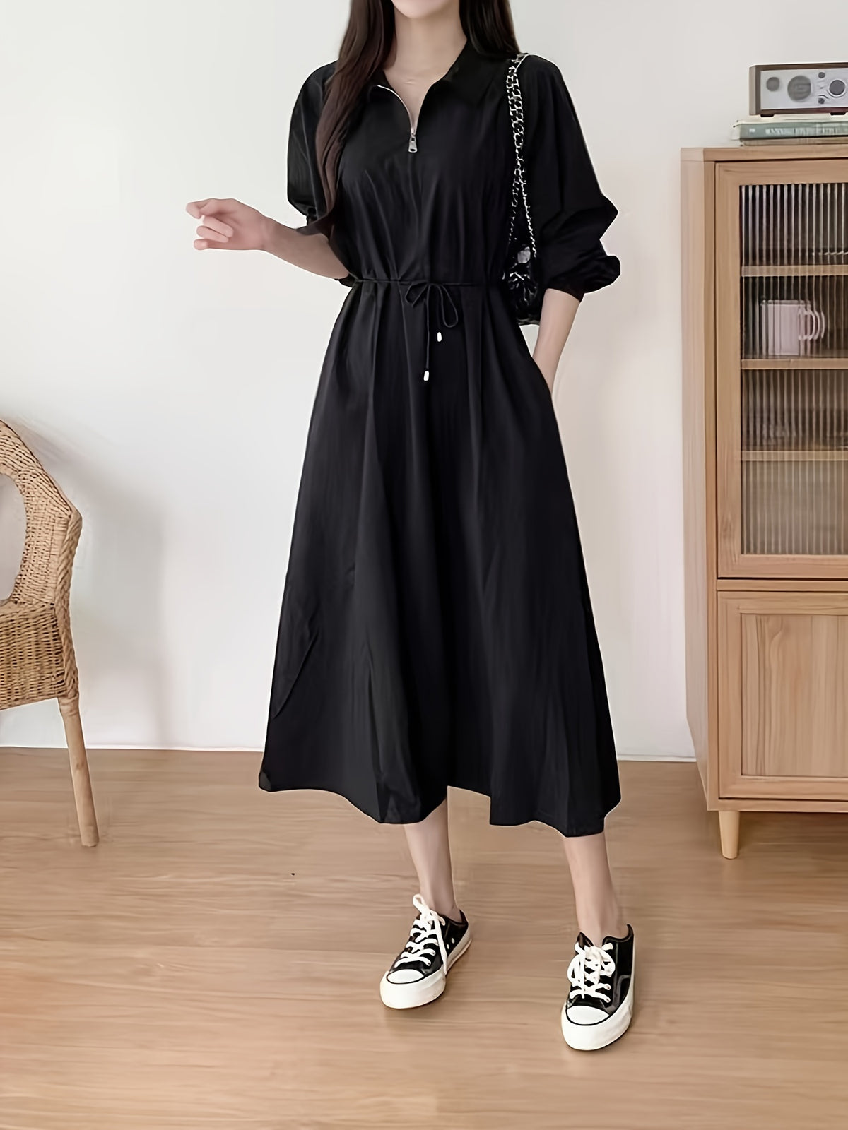 Lapel Tie Dress - Black