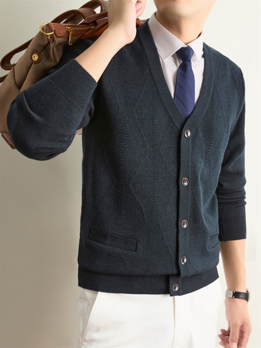 Autumn Winter Knit 3D Solid Color V-Neck Sweater, Basic Knit Cardigan for Men, Fashionable Long Sleeve Sweater, Size Y - Deep Gray