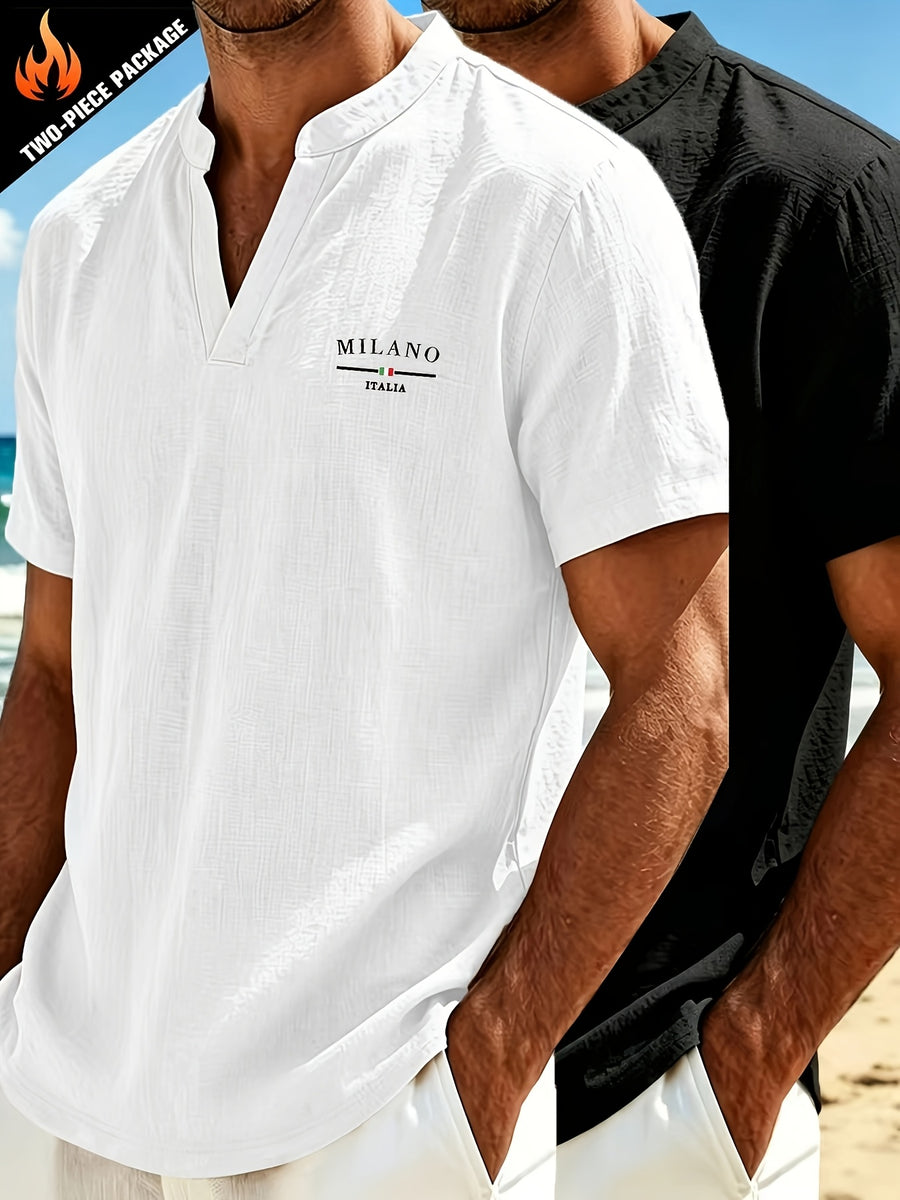 2pcs Men's Linen Outdoor Short Sleeve Vintage Linen Casual Fashion Loose Fit Breathable Comfortable V-Neck Shirt, Suitable for Daily Leisure, Outings, Travel, and Beach - White+black