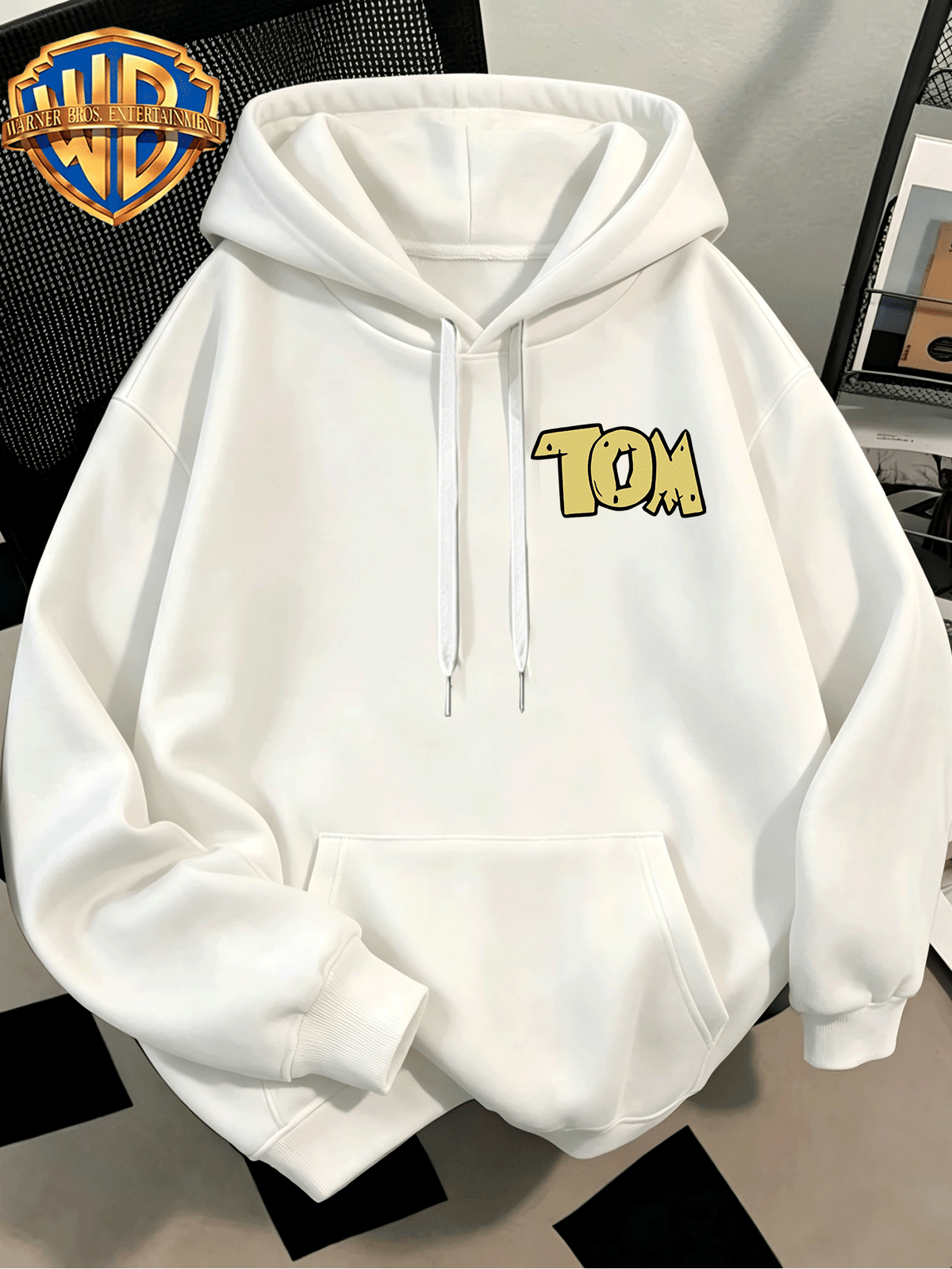 WB Men's. Official Licensed Hooded Sweater Hoodie - Retro Print (Loose Fit Hooded with Iconic WB), Machine Washable Casual Sweater Suitable for Fall/Winter, Daily Wear & for or Outings - White