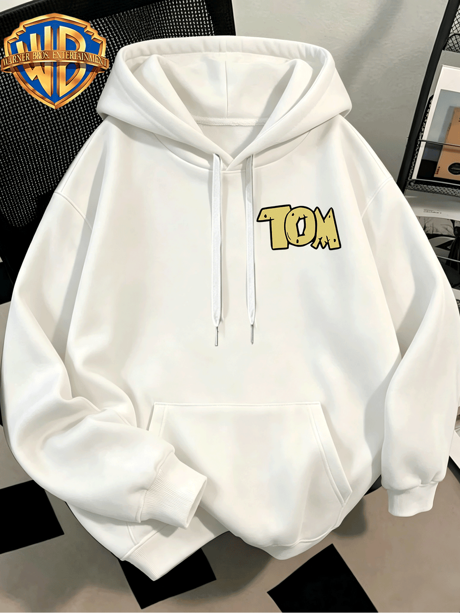 WB Men's. Official Licensed Hooded Sweater Hoodie - Retro Print (Loose Fit Hooded with Iconic WB), Machine Washable Casual Sweater Suitable for Fall/Winter, Daily Wear & for or Outings - White