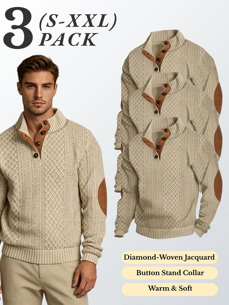 3pcs Men'S Textured Jacquard Knit Sweater Retro Casual Button-Up Stand Collar Long Sleeve Top for Autumn Winter Outing Home Versatile Basic Solid Color - Khaki 3