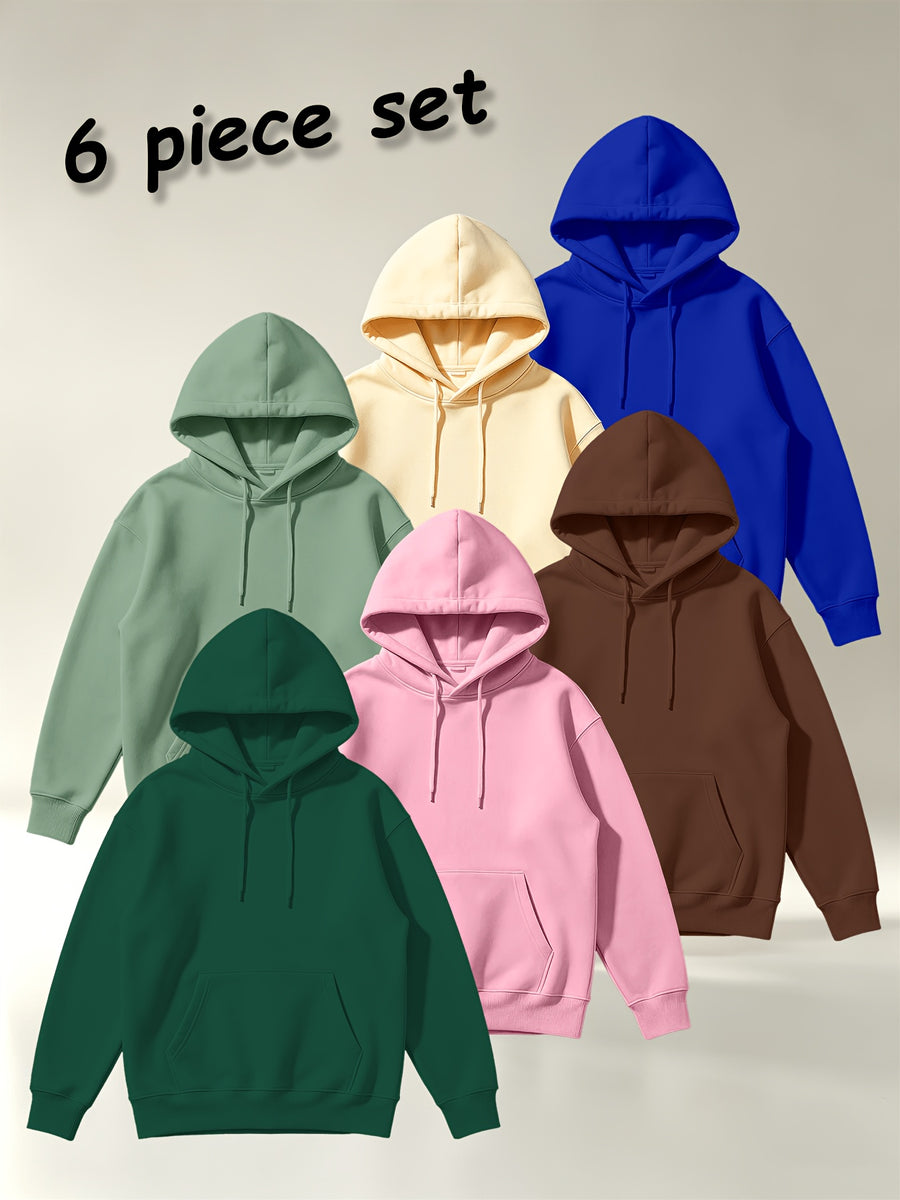 [Villa Joy Water OBM] 6pcs Set Solid Color Basic Hooded Sweatshirt Set Unisex Multi-Color Loose Pullover with Kangaroo Pocket Basic Style Autumn Winter Hoodie Combination - Dark Green + Pink + Brown + Light Green + Apricot + Royal Blue