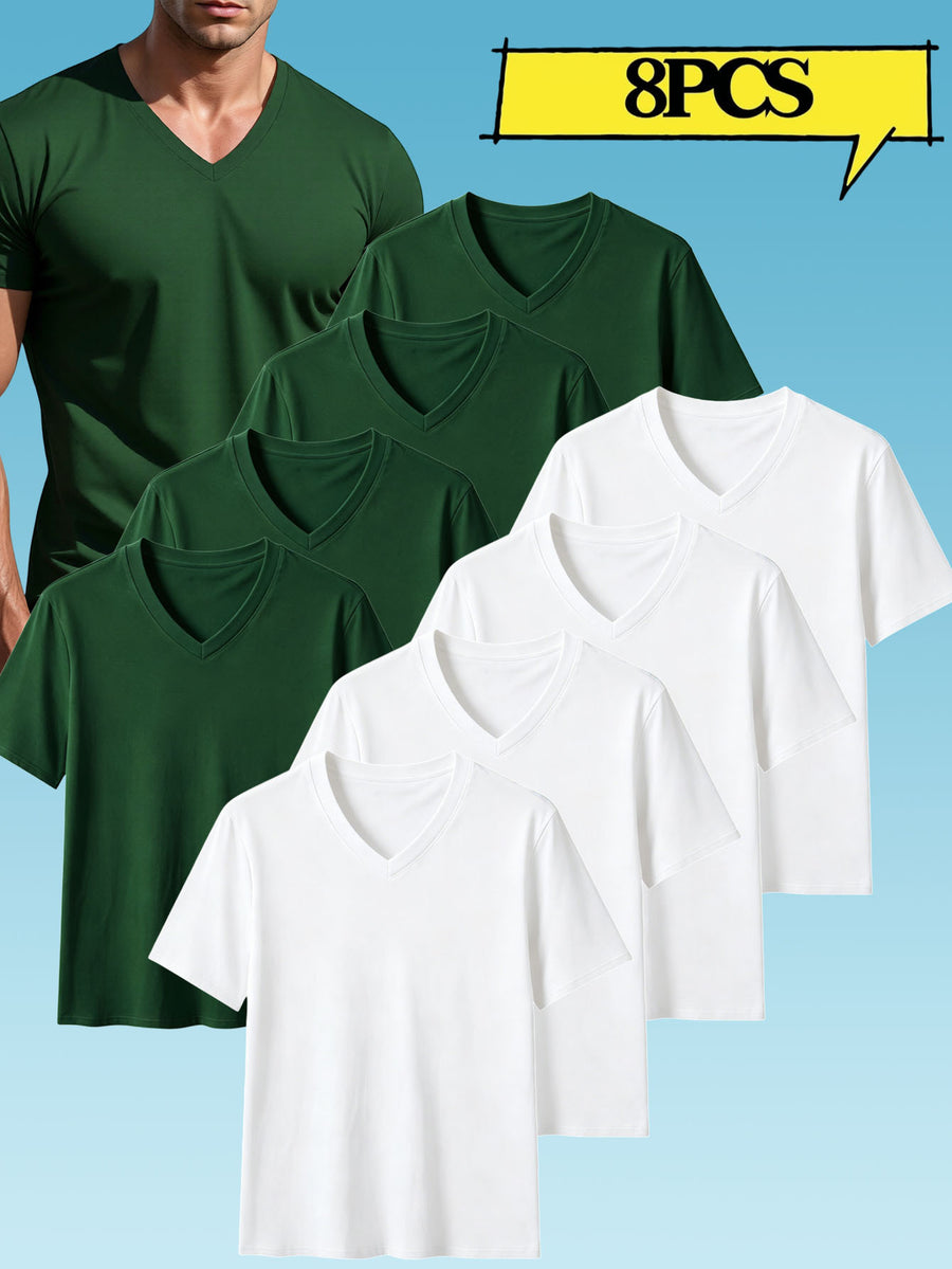 8pcs Men's Casual Knit Ribbed V-Neck T-Shirt / Soft and Comfortable Fabric / Short Sleeve / Solid Color / Crew Neck / Back-to-School Season, Casual Sporty Design Top, Multiple Colors Available, Suitable for Summer Daily Wear - 4 white + 4 green