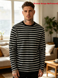 [Printed Design-NotTextured]Men's Autumn Long Sleeve T Shirt, Classic Black Base White Horizontal Stripe Print Street Minimalist Trendy Casual Top for Multi Occasions - Mixed colors