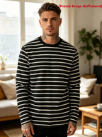 [Printed Design-NotTextured]Men's Autumn Long Sleeve T Shirt, Classic Black Base White Horizontal Stripe Print Street Minimalist Trendy Casual Top for Multi Occasions - Mixed colors