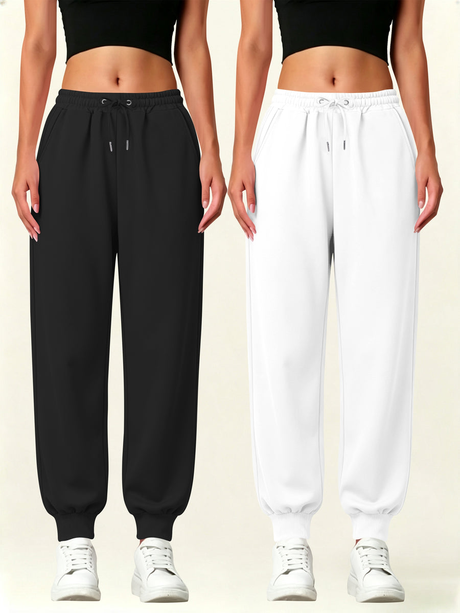 2pcs Set Autumn-Winter Women's Casual Pants with Pockets - Black+White
